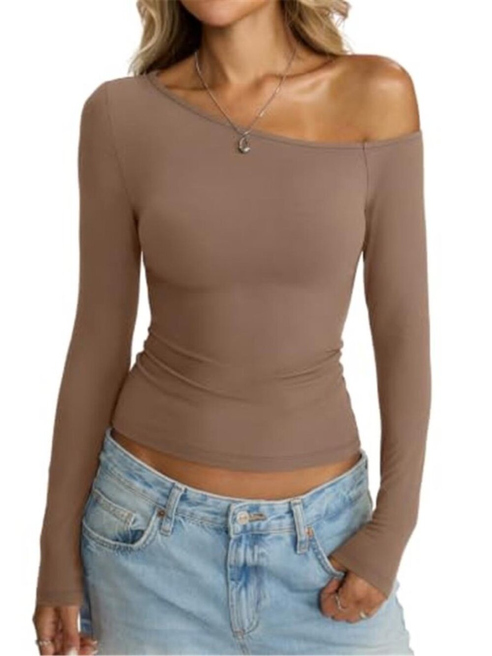 Women's Off Shoulder Fitted Top | Long Sleeve Fall Going Out Shirt - Picture 3 of 6